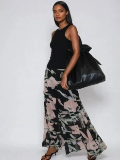 Religion Angelina Tiered Maxi Skirt In Soft Floral On Black Georgette