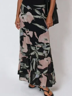 Religion Angelina Tiered Maxi Skirt In Soft Floral On Black Georgette