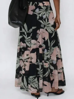 Religion Angelina Tiered Maxi Skirt In Soft Floral On Black Georgette