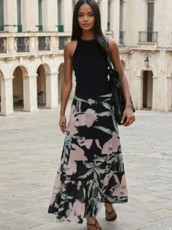 Religion Angelina Tiered Maxi Skirt In Soft Floral On Black Georgette