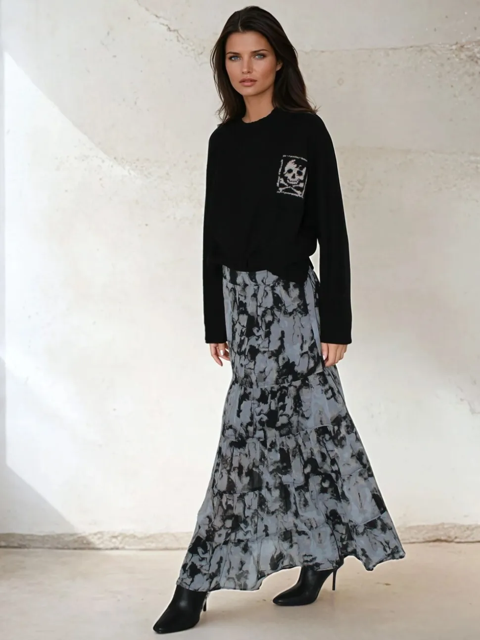 Religion Citrine Tiered Maxi Skirt In Dark Abstract Print