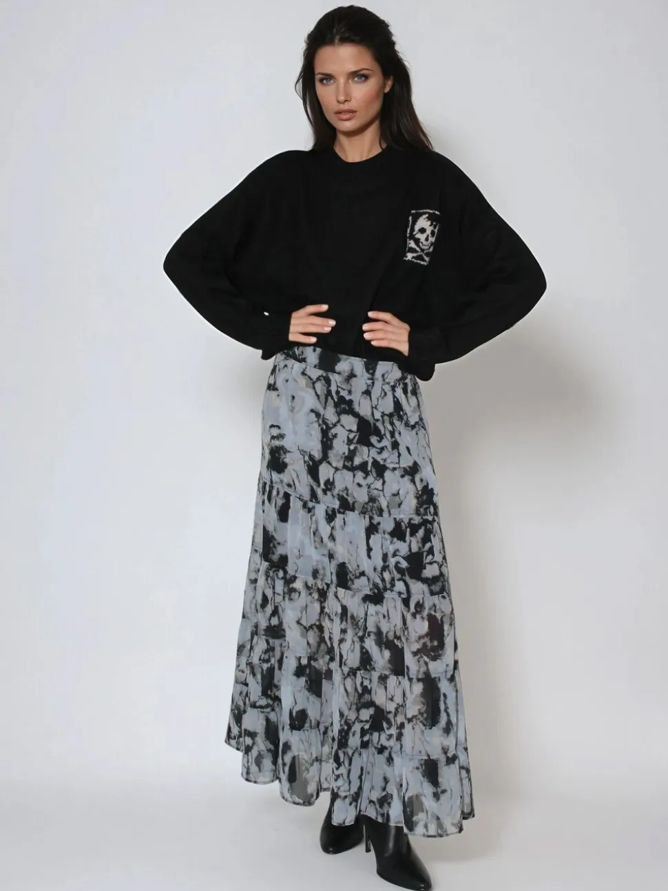 Religion Citrine Tiered Maxi Skirt In Dark Abstract Print