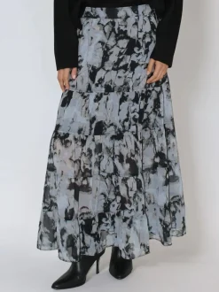 Religion Citrine Tiered Maxi Skirt In Dark Abstract Print