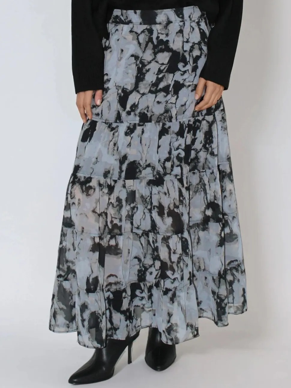 Religion Citrine Tiered Maxi Skirt In Dark Abstract Print