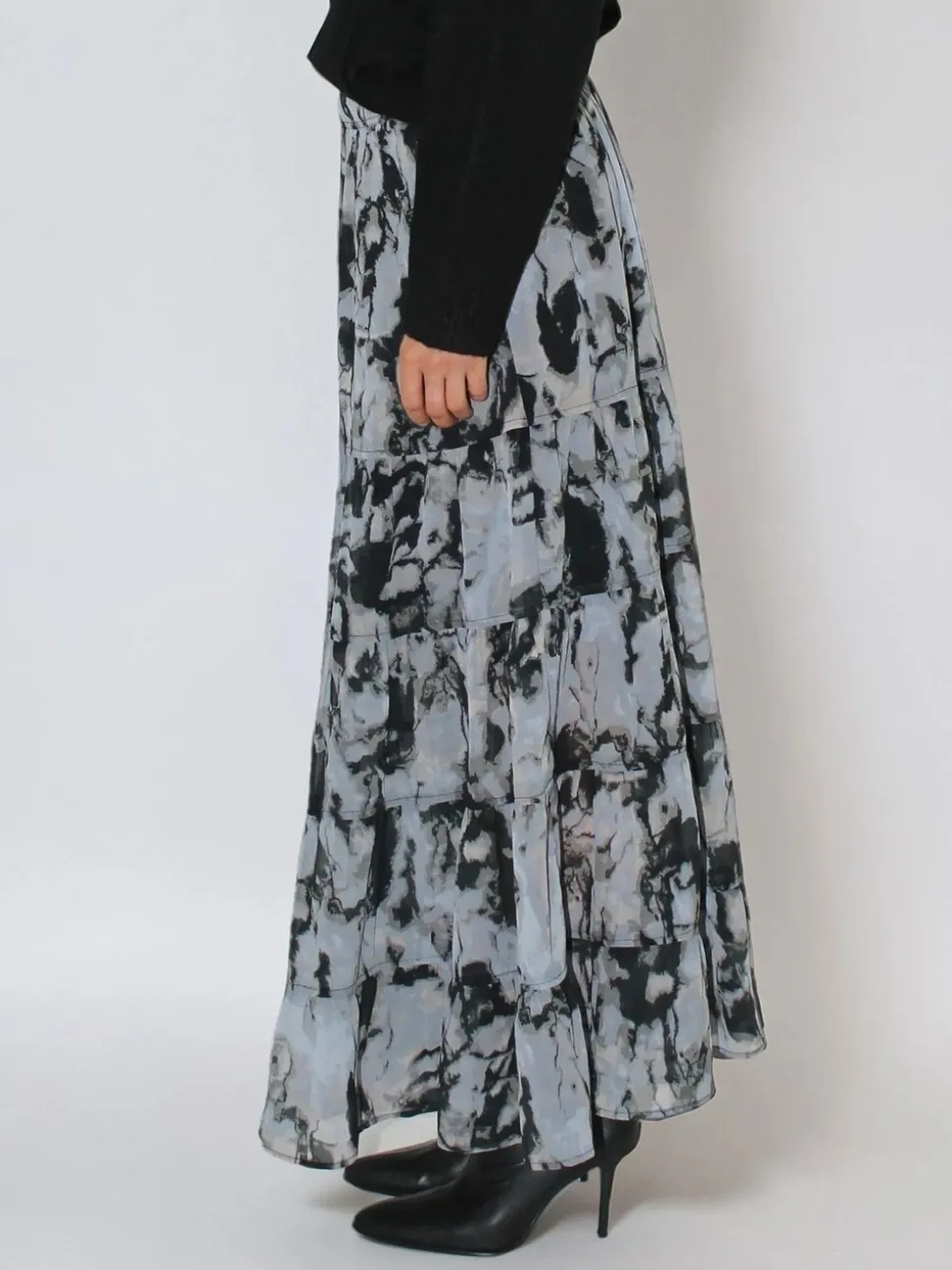 Religion Citrine Tiered Maxi Skirt In Dark Abstract Print
