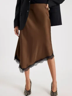 River Island Asymmetric Lace Trim Satin Skirt