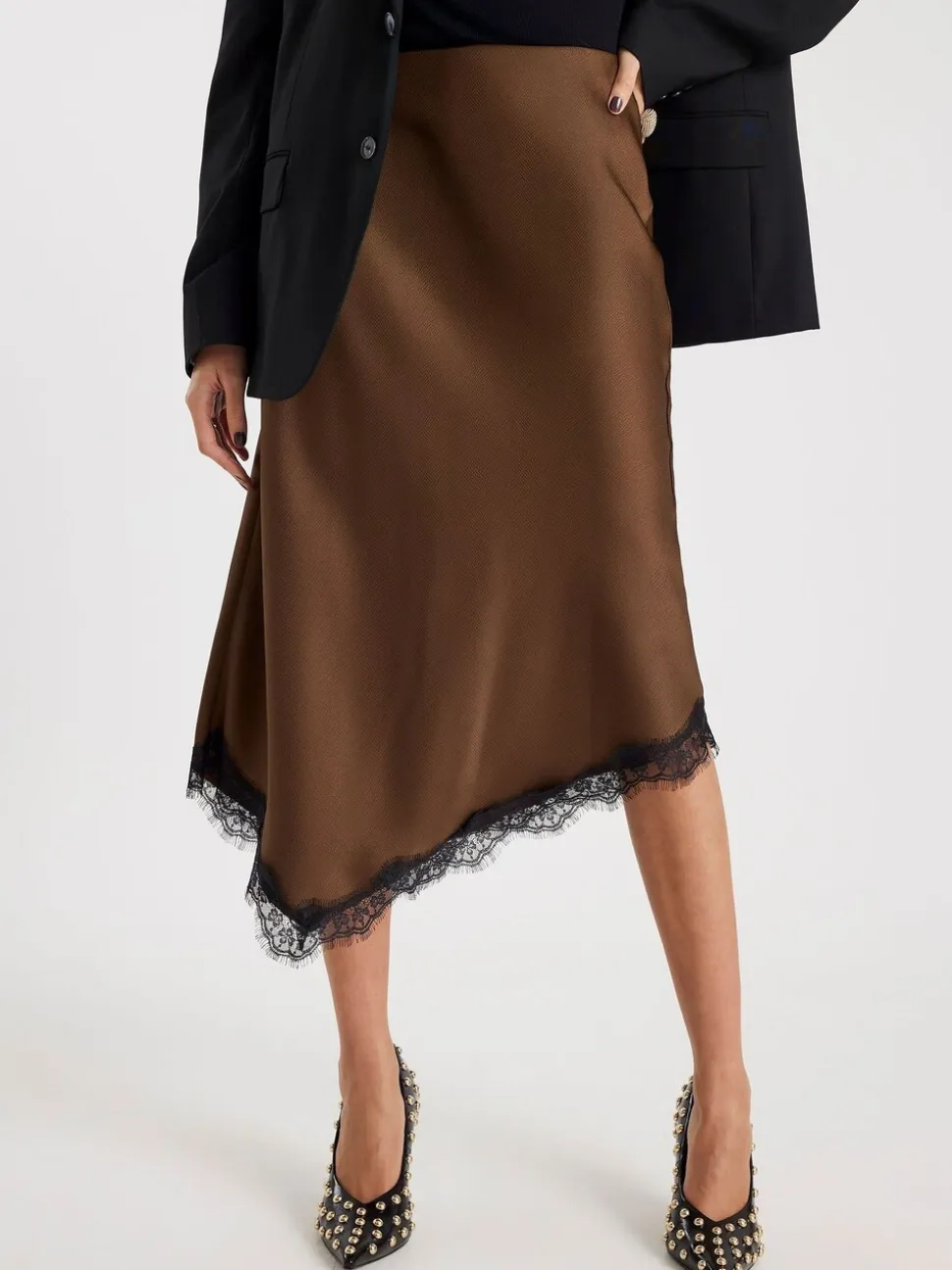River Island Asymmetric Lace Trim Satin Skirt