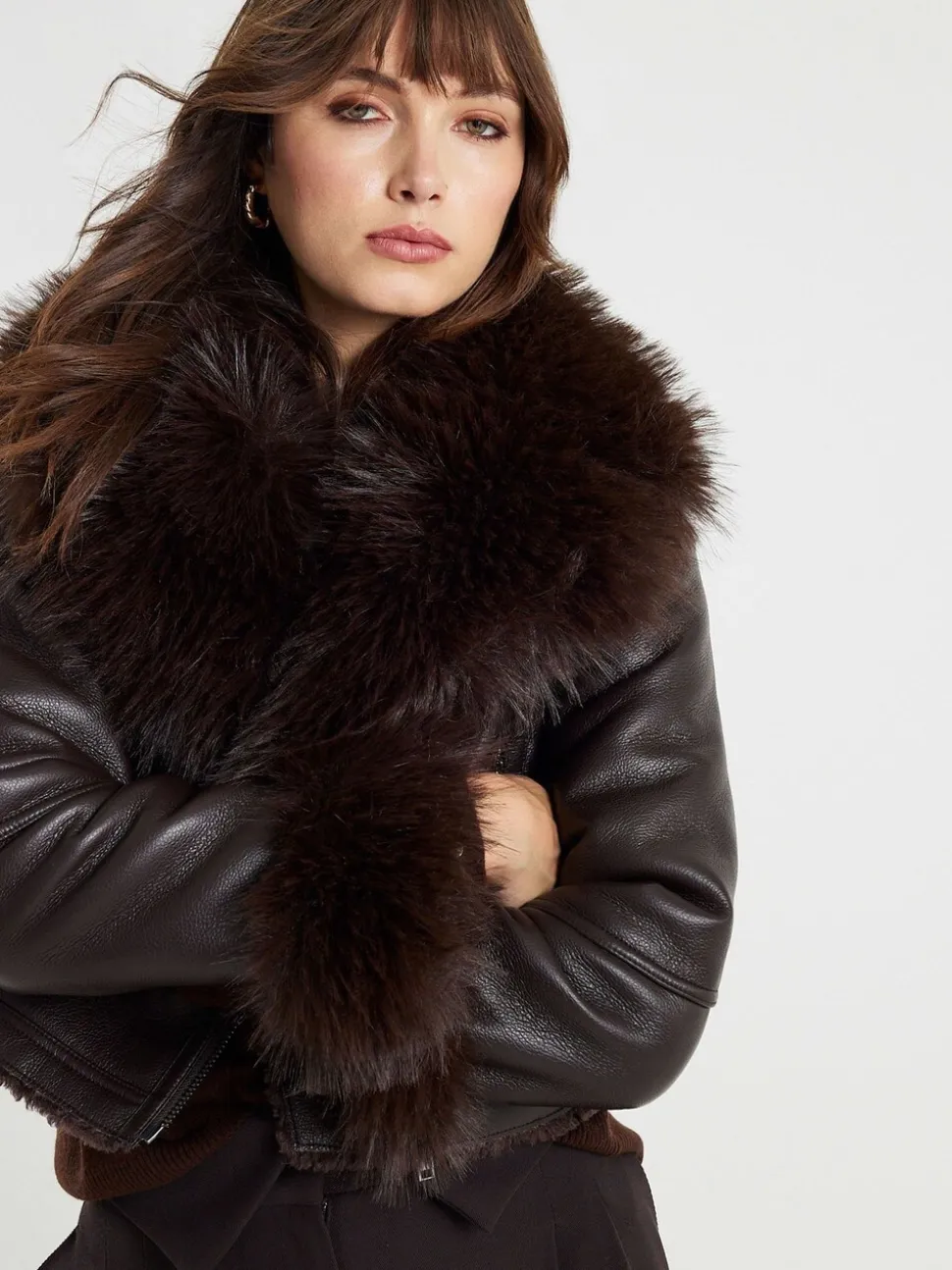 River Island Faux Fur Collar Cropped Biker Jacket
