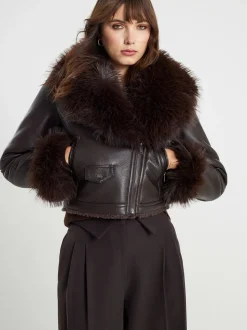 River Island Faux Fur Collar Cropped Biker Jacket
