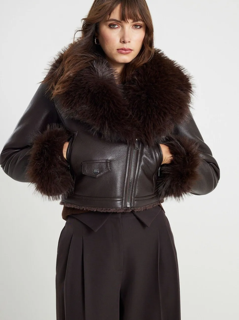 River Island Faux Fur Collar Cropped Biker Jacket