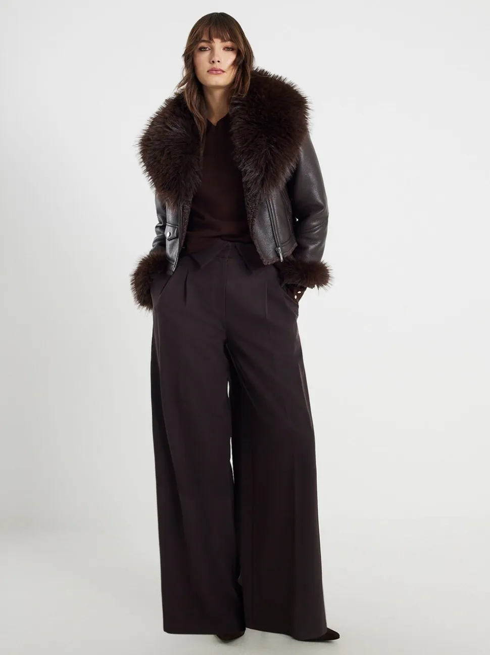 River Island Faux Fur Collar Cropped Biker Jacket