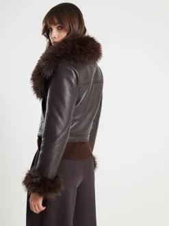 River Island Faux Fur Collar Cropped Biker Jacket