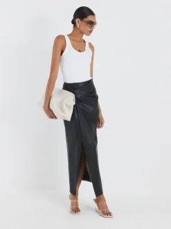 River Island Faux Leather Twist Side Midi Skirt