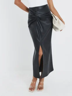 River Island Faux Leather Twist Side Midi Skirt