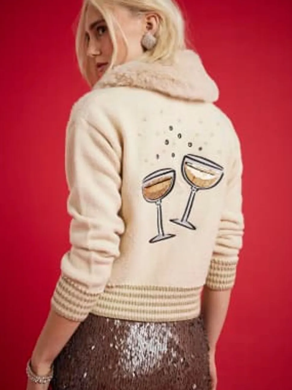 River Island Nephthys Collab Champagne Faux Fur Collar Cardigan
