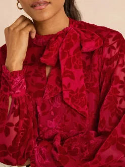 Rode fluweel Devoré - Love & Roses blouse met lange mouwen en striksluiting