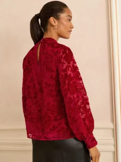 Rode fluweel Devoré - Love & Roses blouse met lange mouwen en striksluiting