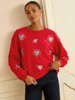 Rode geborduurde hartjes - Love & Roses - Jersey sweatshirt met ronde hals