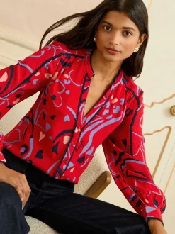 Rode print - Love & Roses blouse met lange mouwen en inkeping