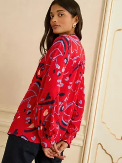 Rode print - Love & Roses blouse met lange mouwen en inkeping