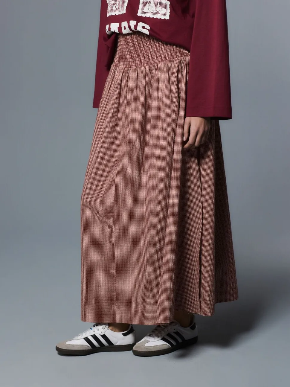 Roestbruin - Drop Waist Gingham Maxi Skirt