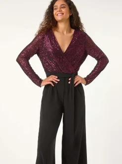 Roman Pailletten wikkel V-hals stretchy Jumpsuit
