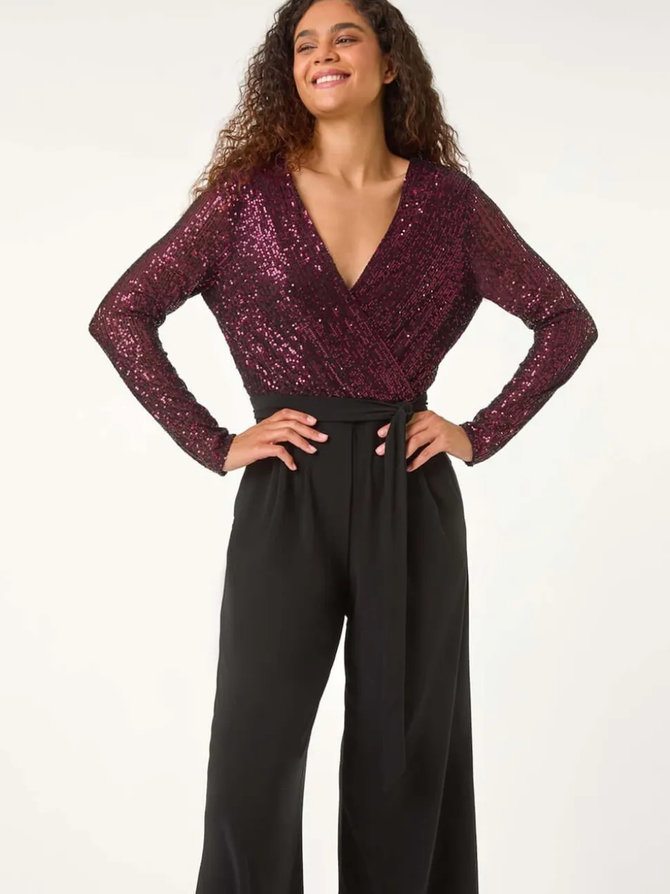 Roman Pailletten wikkel V-hals stretchy Jumpsuit
