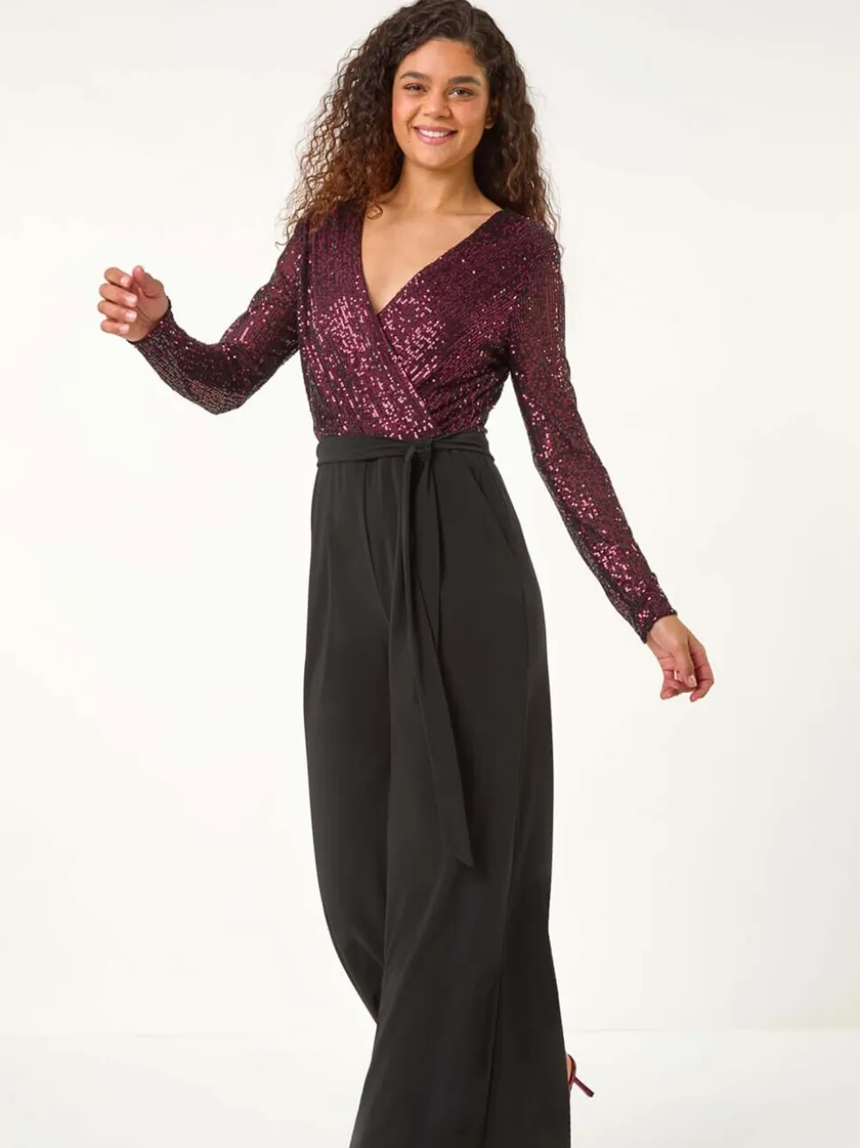 Roman Pailletten wikkel V-hals stretchy Jumpsuit