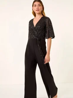 Roman Sequin Flutter Sleeve Stretch Jumpsuit