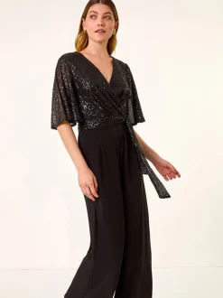 Roman Sequin Flutter Sleeve Stretch Jumpsuit