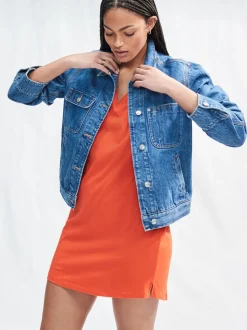 Rood - 100% katoenen mini-jurk met V-hals en kapmouwtjes