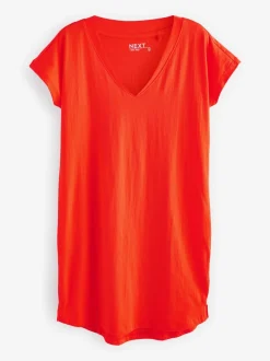 Rood - 100% katoenen mini-jurk met V-hals en kapmouwtjes