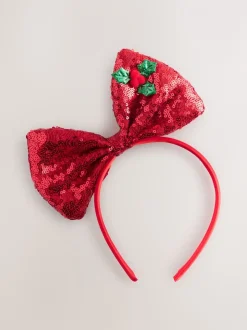Rood - Haarband met kerststrik met pailletten