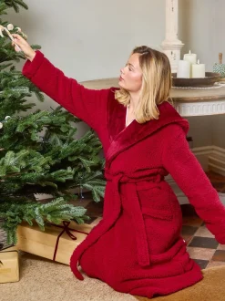 Rood - Loungeable Christmas Sherpa Maxi Dressing Gown with Luxury Fleece Lined Hood