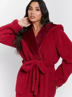 Rood - Loungeable Christmas Sherpa Maxi Dressing Gown with Luxury Fleece Lined Hood