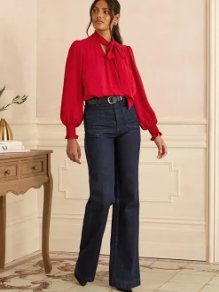 Rood - Love & Roses blouse met lange mouwen en striksluiting