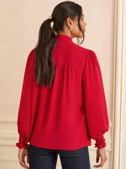 Rood - Love & Roses blouse met lange mouwen en striksluiting