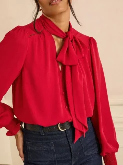 Rood - Love & Roses blouse met lange mouwen en striksluiting