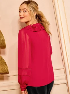 Rood - Love & Roses blouse met lange mouwen en frillkraag