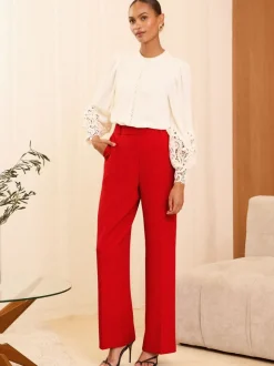 Rood - Love & Roses broek met wijde pijpen