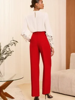 Rood - Love & Roses broek met wijde pijpen