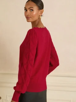 Rood - Love & Roses gebreide trui met noppensteek en geschulpte rand
