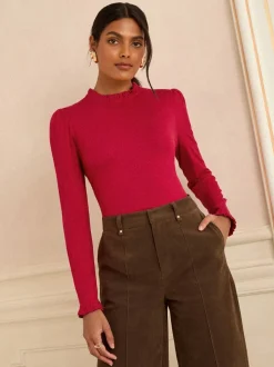 Rood - Love & Roses jersey top met ruches aan de hals en lange mouwen