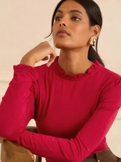 Rood - Love & Roses jersey top met ruches aan de hals en lange mouwen