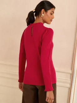 Rood - Love & Roses jersey top met ruches aan de hals en lange mouwen