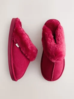 Rood - Met imitatiebont gevoerde suède pantoffelmuiltjes