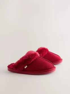 Rood - Met imitatiebont gevoerde suède pantoffelmuiltjes