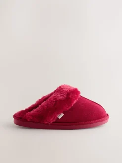 Rood - Met imitatiebont gevoerde suède pantoffelmuiltjes