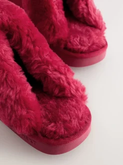 Rood - Met imitatiebont gevoerde suède pantoffelmuiltjes