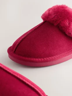 Rood - Met imitatiebont gevoerde suède pantoffelmuiltjes